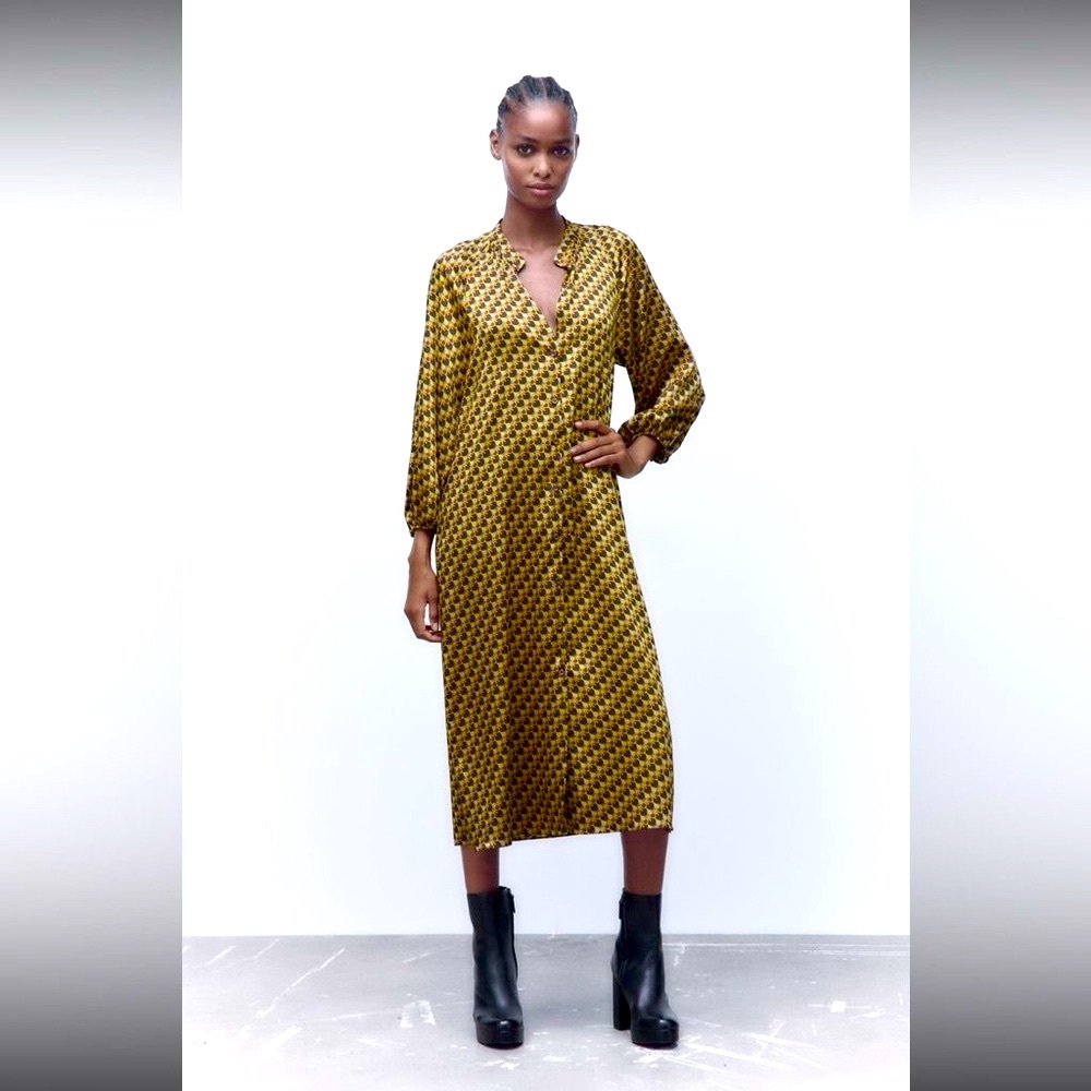 Zara Yellow and Black Midi Dress with Long Bishop Sleeves (Gently Worn)